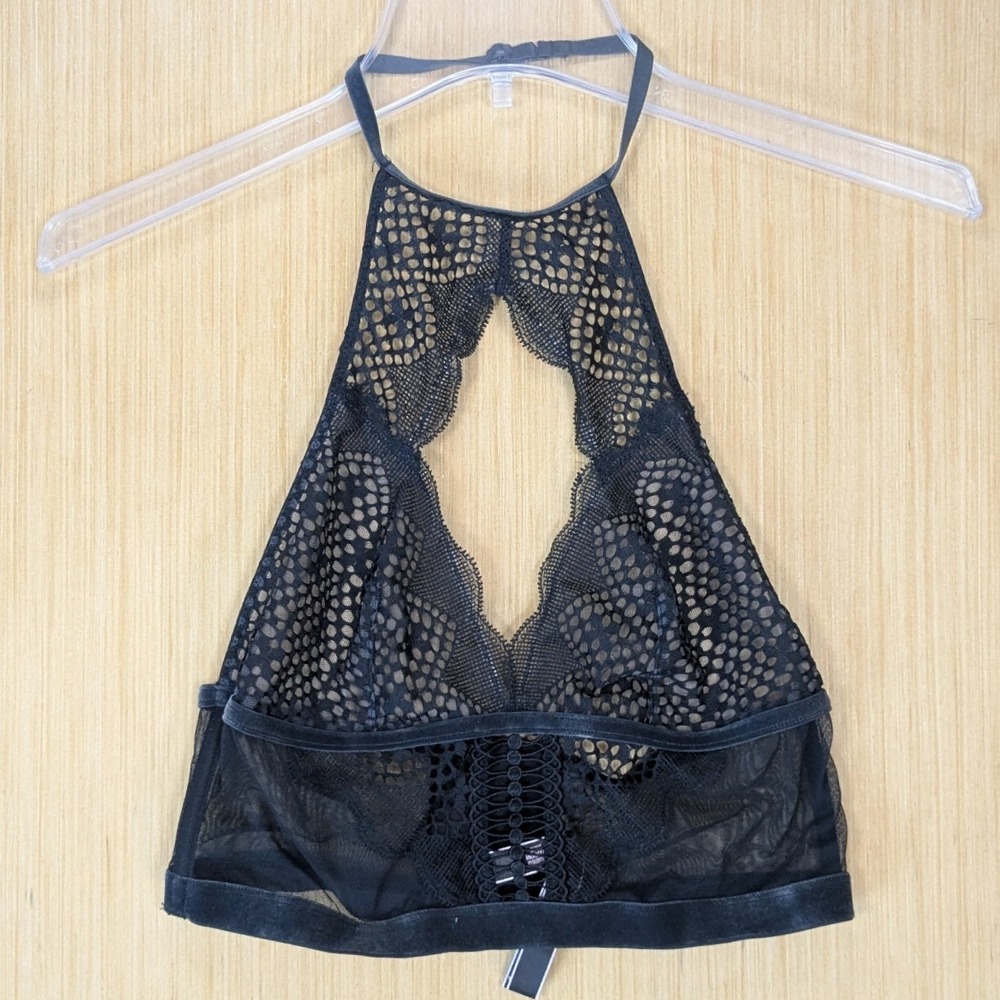 Victorias Secret Black Floral Lace Halter Bralette Keyhole High Neck Small